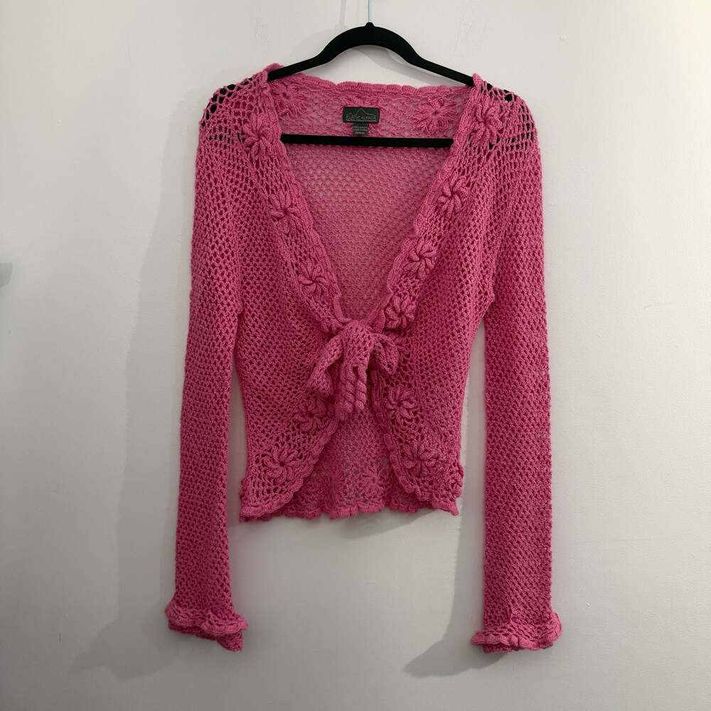 classic alpaca pink crochet tie front cardigan 100% alpaca fairycore one size